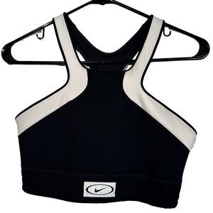 Nike Swoosh Dri-FIT Sports Bra Womens Medium Black White High Neck Crop Top Gym